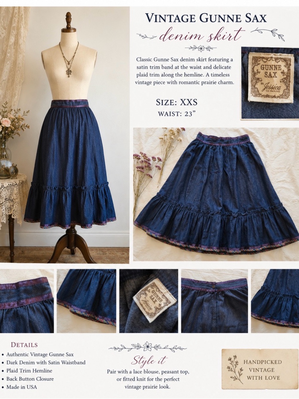 Gunne Sax - vintage 70s Dark Blue Denim Midi Skirt with satin trim